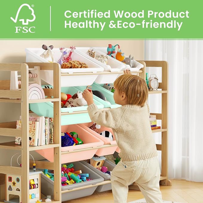 EXPERLAM Extra Large Toy Storage - Toy Storage Organizer, Wooden Toy Organizer with 6 Side Shelves and 12 Bins, 3-in-1 Bookshelf for Kids Rooms, Playroom, Nursery, Multi Color - Image 3