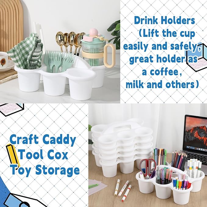 gisgfim 6 Pack Classroom Caddy Organizer with Handle, 6 Compartments, White | Stackable Plastic Table Caddies, 12x9x3.5 In, caddy Organizer for School Supplies, Crayons, Pencils, Crafts and Drink Cups - Image 5