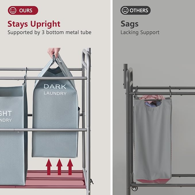 Laundry Sorter 4 Section, Laundry Basket with Hanging Rack, Gray | 196L Laundry Hamper with Hanging Rack and Heavy Duty Lockable Wheels, Rolling Laundry Cart for Bathroom, Bedroom, Home - Image 5