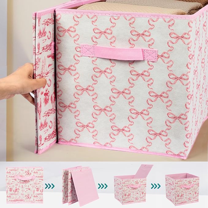 6 Pcs Pink Western Cube Storage Bins 12.5 Inch Cowgirl Storage Basket with Handle, Preppy Girls Organizer Basket, Collapsible Fabric Box for Classroom Bedrooms Office Home Decoration (Pink western) - Image 3