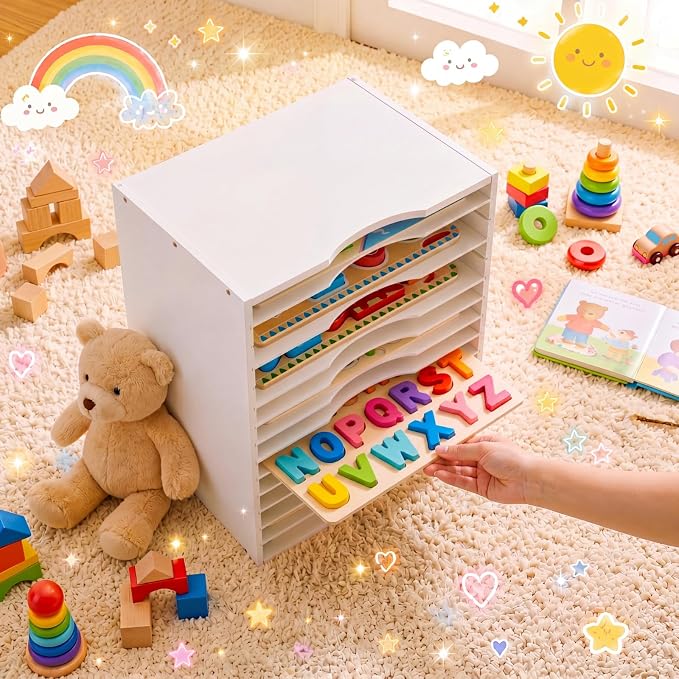 Ripeng 1 Pack Bamboo Puzzle Holder Rack, 12-Tier Adjustable Storage Organizer for Flat and Thick Jigsaw Puzzles, Space Saving Desktop Shelf, Gift for Craft Jigsaw Puzzle Lovers (White) - Image 2