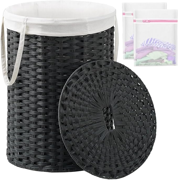 SETVSON Laundry Basket with Lid Round 29.1 Gal PE Rattan, Black | Family Clothes & Blanket Trunk with Lid, Removable Liner Bag with Handles, 2 Mesh Wash Bags, Collapsible Steel Frame by SETVSON