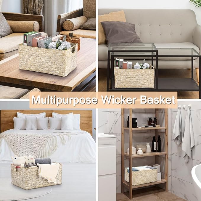 Hipiwe Wicker Shelf Baskets Seagrass Storage Opened Baskets Bin with Handle | Rectangular Closet Bedroom Basket Organizer Box, Multipurpose Woven Basket Home Organizer, Whitewash 14.6"x 10.6" x 7.1" - Image 6