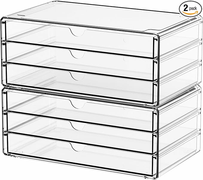 2 Pack Acrylic Storage Drawers With 6 Drawers,Stackable Desk Organizer and Makeup Organizer,Large Clear Office Supplies Organizer for Pen,Stationary,Palettes,Arts Craft Organizers and Storage by Yieach