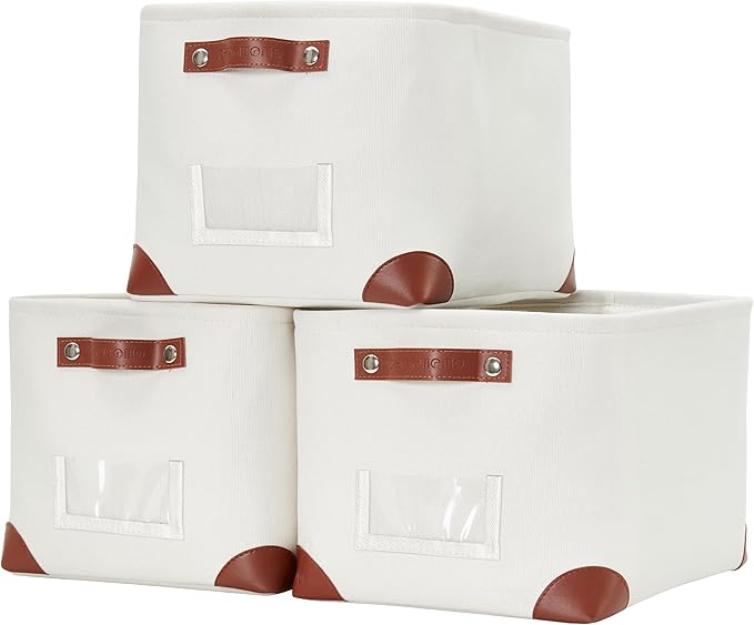 DECOMOMO Storage Bins, Large Fabric Storage Baskets for Shelves 3 Pack | 15 x 11 x 9.5 inches Decorative Linen Closet Organizers with Handles (Creamy White) by DECOMOMO