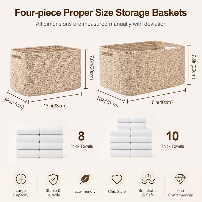 OIAHOMY 4 Pack Storage Baskets for Organizing, Cube Storage Bins for Shelves, Rectangle Storage Baskets With Handles, Woven Baskets for Storage, 12.7''Lx9''Wx7.8''H, Mixed Brown - Image 2