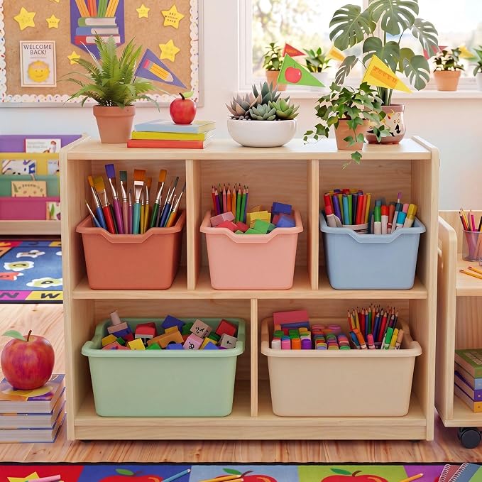 Novabright 12 Pcs Plastic Book Bins for Classroom, Back to School Supplies Library Cubby Bins Scoop Front Stackable Toy Storage Tubs Colorful Containers for Office Home Nursery Playroom Organization - Image 5
