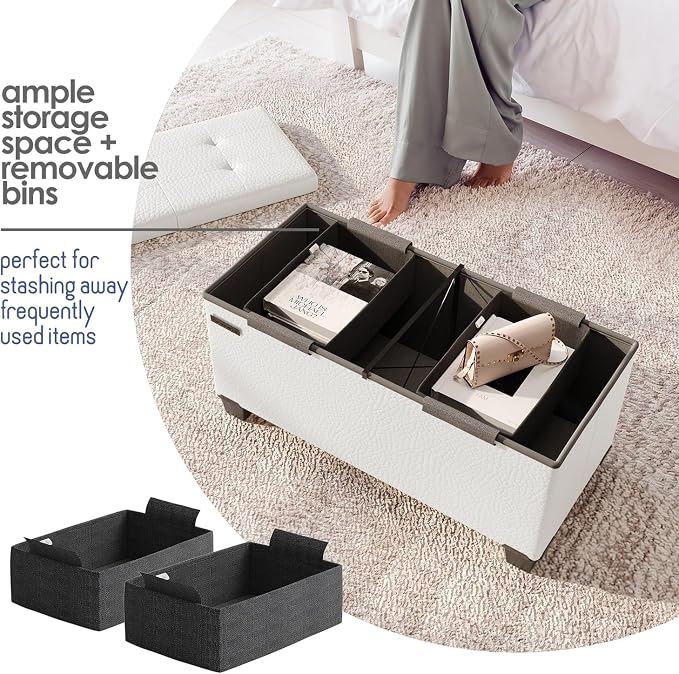 Storage Ottoman Bench with Bins, 30-in Storage Bench for Bedroom End of Bed, Folding Foot Rest Ottoman for Living Room Max 660lbs, Faux Leather Ottomans, Cream - Image 3