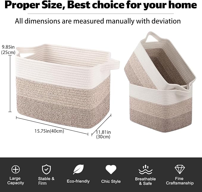 OIAHOMY Woven Storage Basket, Cotton Rope Baskets for Toys,Towel, Clothes, Used to Bathroom,Living Room,Nursery,Bedroom, 16"x12"x10"- Pack of 3, Gradient Yellow - Image 4