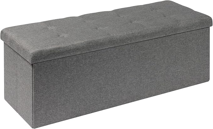 PINPLUS Folding Storage Ottoman Bench, Grey Linen Long Ottoman Chest Foot Rest Stool with Padded Seat, Chest with Cover, Bedroom Bench with Storage, 43.3inches by PINPLUS