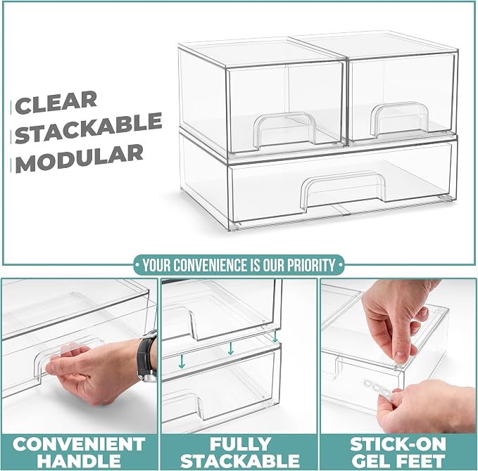 Sorbus Clear Stackable Storage Drawers (3 Pack, 4.4'' Tall and 12.1'' Wide) | Acrylic containers with pull-out bins keep cosmetics, brushes and daily items sorted on bathroom counters or in cabinets. - Image 5