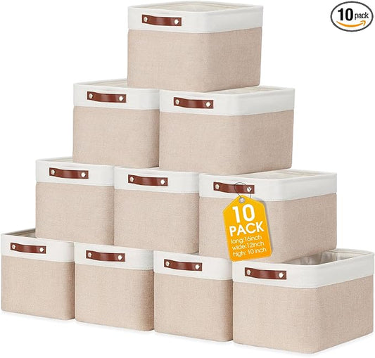 Uiifan 10 Pcs Collapsible Storage Bins Fabric Foldable Storage Basket with Handles Cloth Organizer Linen Shelf Baskets for Shelves Home Closet Nursery Toys(16 x 12 x 10 Inch,Beige and White) by Uiifan
