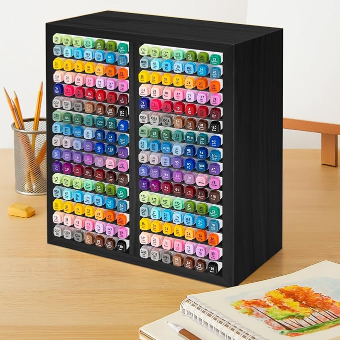 PROLEE Marker Organizer for 224 Markers, Wooden Alcohol Marker Holder with 32 Compartments, Horizontal Art Pen and Pencil Storage Rack for Desk, Classroom and Studio, Black - Image 2
