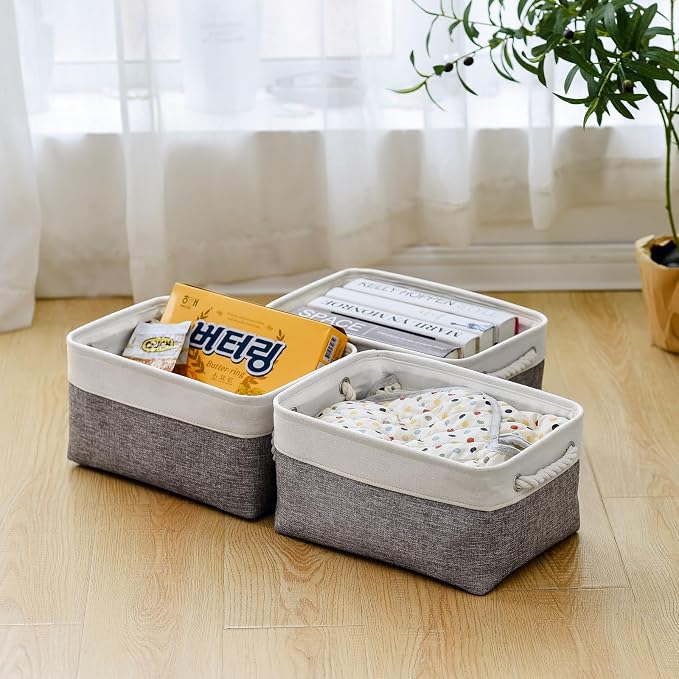 Storage Bins for Shelves - 13.8L×9.8W×6.7H inch 3 Pack Medium Collapsible Storage Baskets for Organizing | Fabric Storage Cubes for Linen Closet Toy Home (White&Grey) - Image 7