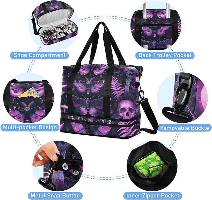 Travel Duffel Tote Bag Gothic Skull Butterfly Sports Duffel Bag with Wet Pocket Weekender Overnight Bag for Women Men Gym Bag, Carry On Bag Hospital Bag for Labor and Delivery - Image 2