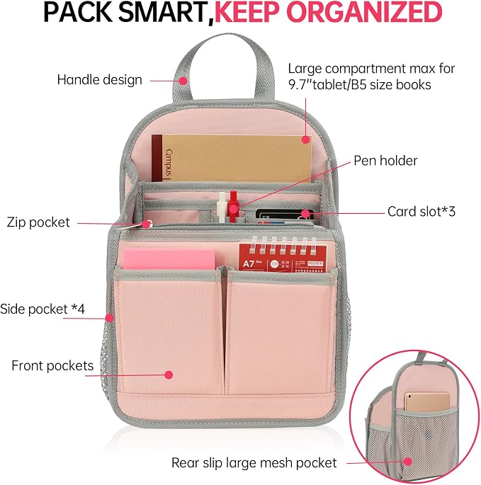 Mini Premium Rugged Backpack Purse Organizer Insert for Women Fashion Small Backpack-19 Pockets,Padded Water-repellent Nylon-Pink - Image 2