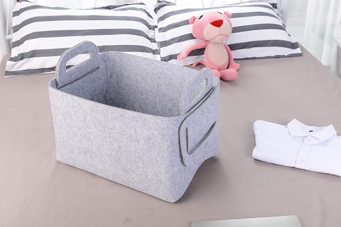 Minoisome Storage Basket Felt Storage Bin Collapsible& Convenient Box Organizer with Carry Handles for Office Bedroom Closet Babies Nursery Toys Laundry (Light grey, 15.7inch（L）×11inch（W）×10inch（H）) - Image 4