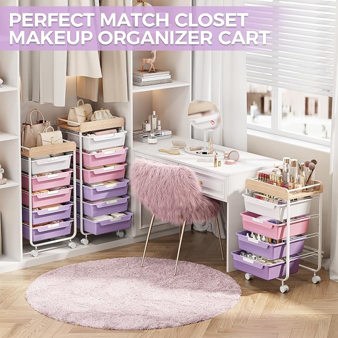 SYKIARIOL Rolling Cart with 6 Drawers,Craft Organizer and Storage,Purple | Utility Storage Cart with Drawers,Art Cart,Makeup Organizer With Wooden Tabletop - Image 5
