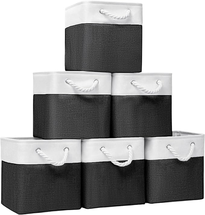 11x11 Inch Cube Storage Bins, 6 Pack Fabric Storage Cubes for Shelves, Cube Organizer Bins with Handles, Cloth Cubby Storage Bins for Home(White/black) by BOFUGA
