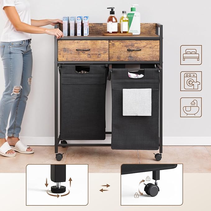 Mondeer 100L Laundry Sorter 3 Section with 3 Bags 4 Wheels 2 Drawers | 50L x 2 Pull-Out Laundry Hamper Baskets Removable for Laundry Room Bathroom - Image 3