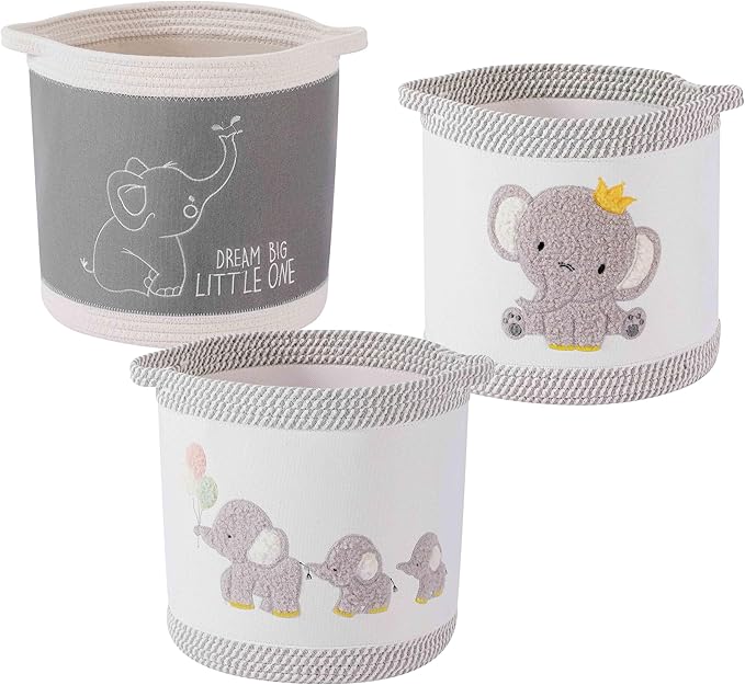 3-Piece Woven Baby Toy Blanket Storage Baskets Laundry Hampers, Elephant Design Foldable Nursery Organizer for Toys Clothes Stuffed Animals, Roomy Sturdy Hamper for Baby Gift Nursery Decor Basket by Unknown