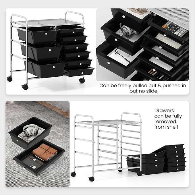 Moccha 9-Drawer Rolling Storage Cart - Under Desk Storage Drawers with wheels for Craft Art Supply Paper Salon, Scrapbook Paper Tools, Mobile Utility Cart for Classroom, Black - Image 4