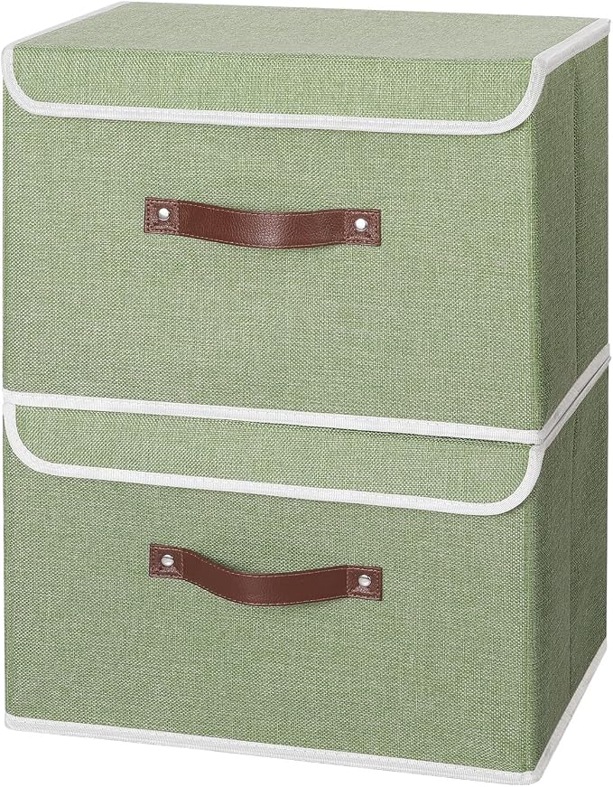 ANMINY Fabric Storage Box Bins with Lids, Green, 15"x10"x10", 2 Pack | Keepsake Memory Storage, Cotton Linen, PP Board Reinforced, Washable, PU Handles, Foldable & Stackable, Decorative, Large - Image 2