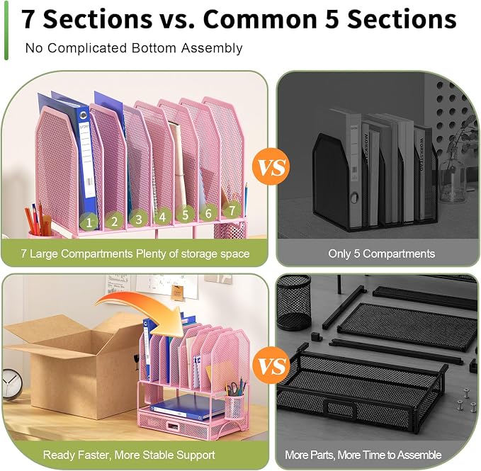 FANXIYQ Metal Desk Organizer with Sliding Drawer, 7-Section File Organizer for Desk, Desktop File Folder & Paper Organizer with 2 Hanging Pen Holders, Office Supplies Organizer, Pink - Image 6