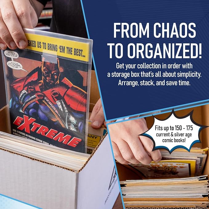 Premium Short Comic Book Storage Box Organizer with Lid | Thick Cardboard Comic Storage Box For Collectibles Fits 150-175 Current/Silver Age, Heavy Duty & Stackable. - Image 4