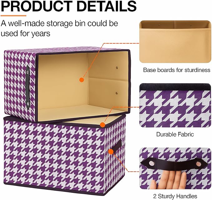 1 Pack Large Collapsible Storage Baskets for Shelves,14.9"x9.5" Fabric Closet storage Boxes with Leather Handles,Decorative Organizers Storage Bins for Clothes,Sheets,Books,(Purple Houndstooth - Image 7