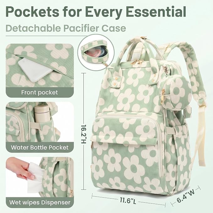 Baby Diaper Bag Backpacks for Mom Dad, Corduroy Large Capacity Multifunction Nappy Bag with Pacifier Case, Baby Travel Essentials Diaper Backpack for Boys Girls - Large Flowers Green - Image 4