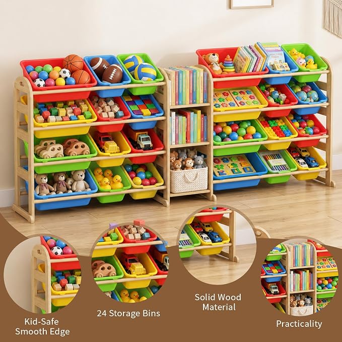 Large Wooden Toy Storage Organizer, 62" W Colorful 3-Shelf Bookcase/Bookshelf with 24 Toy Bins, Large Toy Organizers and Storage, Toy Box for Playrooms, Bedrooms Organization - Image 5