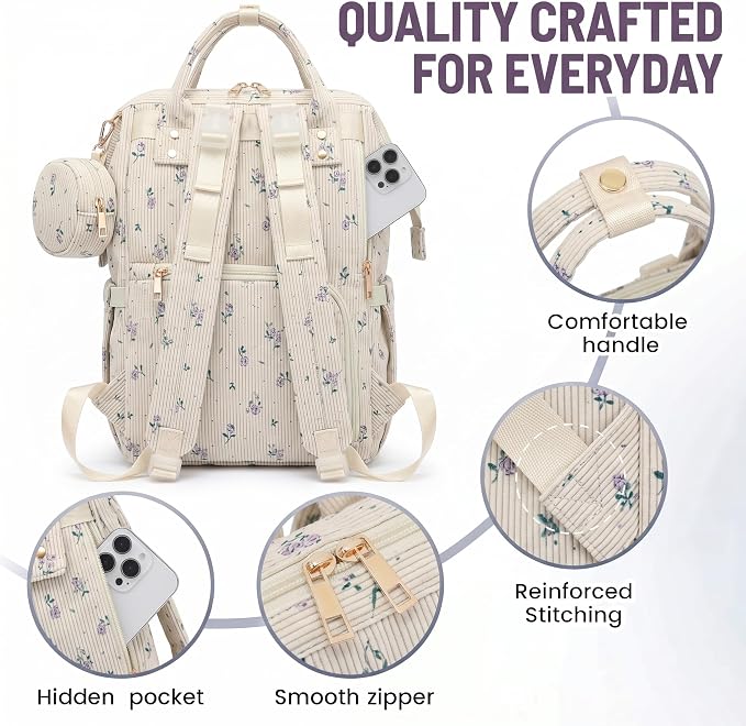 Baby Diaper Bag Backpacks for Mom Dad, Corduroy Large Capacity Multifunction Nappy Bag with Pacifier Case, Baby Travel Essentials Diaper Backpack for Boys Girls - Flowers Purple - Image 6