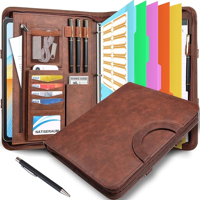 Padfolio Portfolio Binder with Handle, 3-Ring Folder Organizer, Vegan Leather Portfolio with Notepad Includes 5 Dividers with 10 Pockets for Documents Filesfor Documents Files and 1 Pen by NATISERAUM