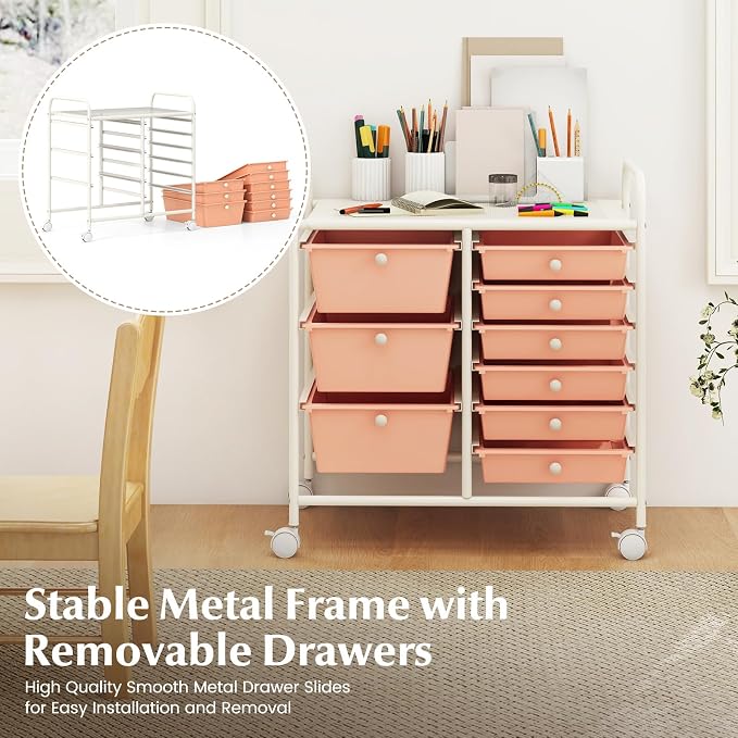 RELAX4LIFE 9 Drawer Rolling Storage Cart - Mobile Drawer Carts for Craft Art Supply Paper Salon, Utility Cart on Wheels for Classroom Teacher School Office, Rolling Cart with Drawers (Pink) - Image 5