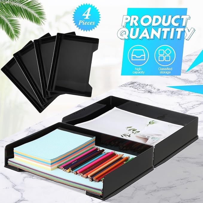 DoubleFill 4 Pcs Stackable Letter Tray Plastic Paper Tray, Black | 13 x 9.5 x 2.6 In, Rectangular, Paper Holder, File Tray for Desktop Office Desk Drawers - Image 3