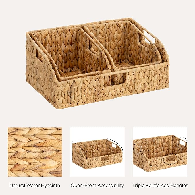 StorageWorks Water Hyacinth Basket Organizer, Pantry Storage Baskets,3-Pack | Wicker Baskets with Handles, Handwoven Shelf Baskets for Organizing, Handwoven Pantry Organizers and Storage, Pantry Baskets - Image 3