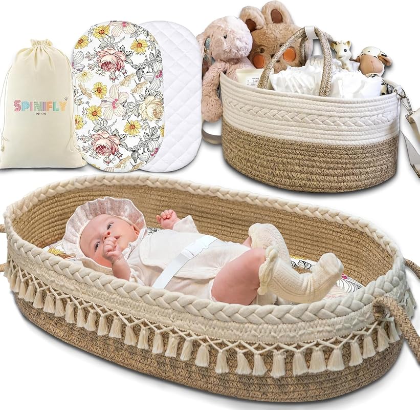 Baby Changing Basket Set with Diaper Caddy Organizer Macrame Boho Moses Basket for Babies, Handmade 100% Cotton Rope, Woven Portable Nursery Decor Waterproof Pad & Floral Pad by Spinifly