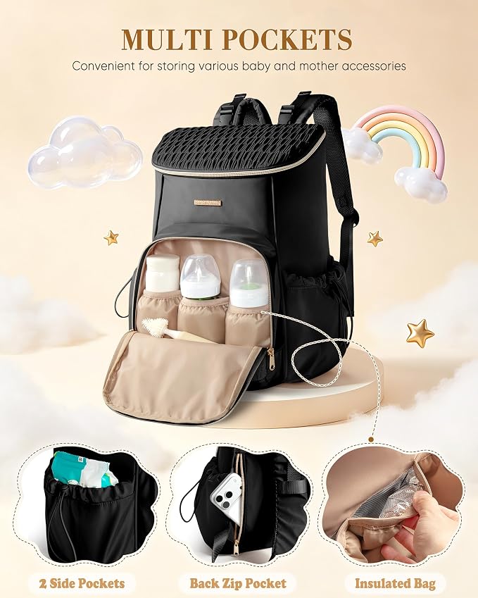 Marscamd Diaper Bag Backpack with Changing Pad, Large Baby Bag, Black | with Stroller Straps, Insulted Bottle Pockets, Luggage sleeve, for Travel & Labor Delivery - Image 3
