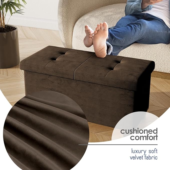 Storage Ottoman Bench with Bins, 30-in Storage Bench for Bedroom End of Bed, Folding Foot Rest Ottoman for Living Room Max 660lbs, Velvet Ottomans, Brown - Image 7