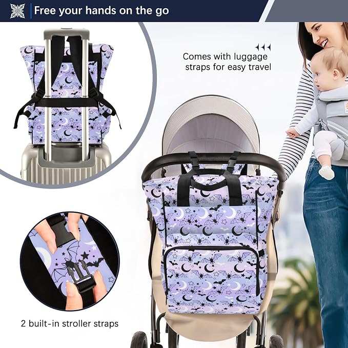 Mnsruu Diaper Bag Bat Moon Starry Sky Purple Large Changing Backpack Multifunction Travel Tote Mommy Bag Baby Diaper Backpack for Mom Dad - Image 3