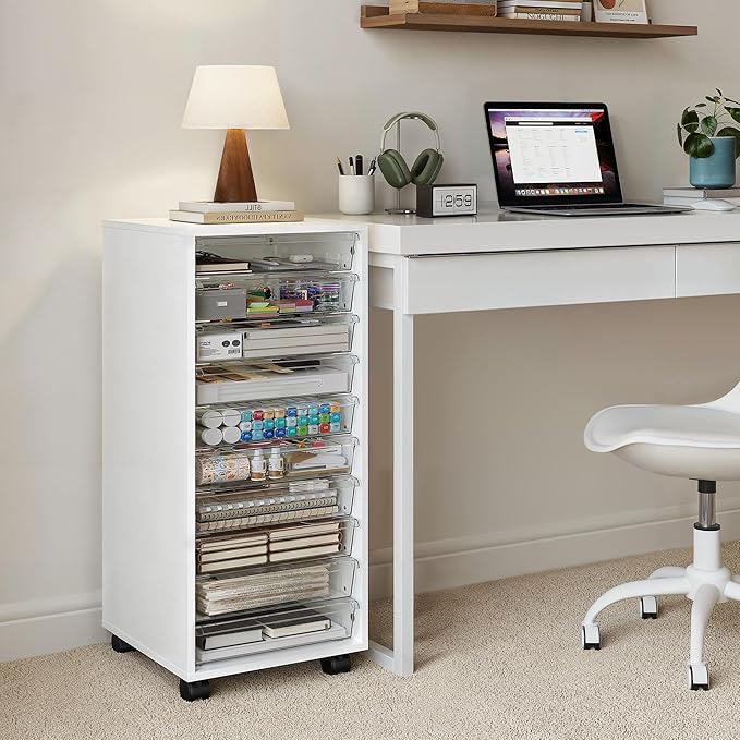 Storage Drawer Cart, Mobile Storage Cabinet, Makeup Storage with 10 Large Clear Drawers, Utility Wooden Rolling Cart on Wheels, for Cosmetic, Art Craft, Office Supplies, Toy, White - Image 6