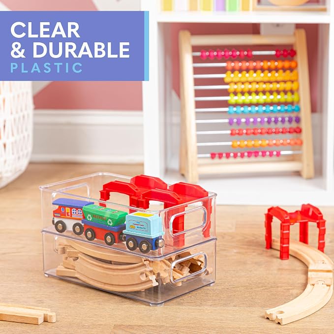 Plastic Food Storage 2 Pack Clear Container Bin with Handles for Organizing Kitchen, Pantry, Refrigerator, Freezer, Pantry, Cabinet, Closet, Bathroom. Stackable 10”x6”x3” - Image 2