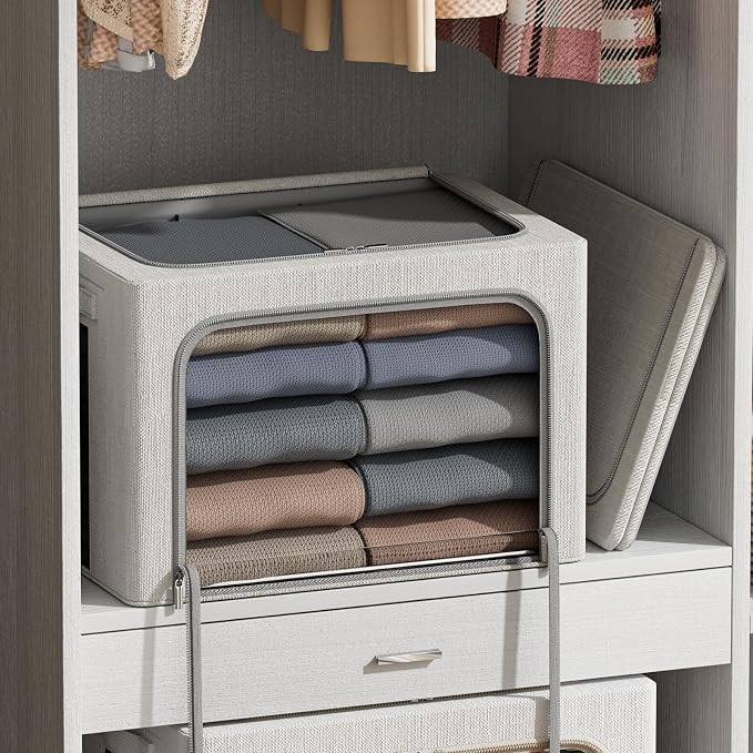 FHSQX 2Pack Clothes Storage Bins, Light Gray, 15.7x11.8x9.8 Inch | Stackable, Linen Fabric, Foldable Container Organizer, Carrying Handles - Image 2
