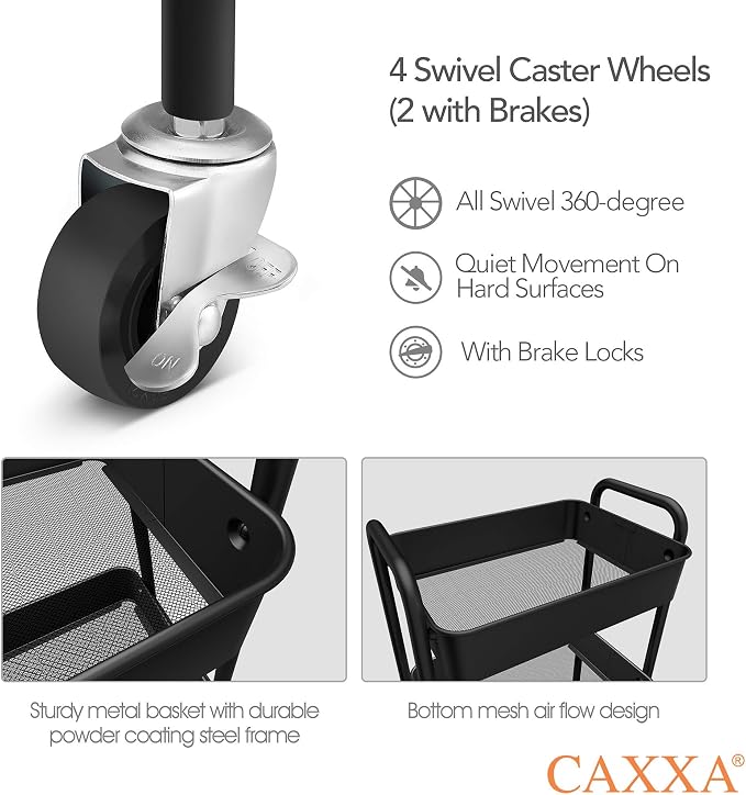CAXXA 3-Tier Rolling Metal Storage Organizer - Mobile Utility Cart, Kitchen Cart with Caster Wheels (Black) - Image 3