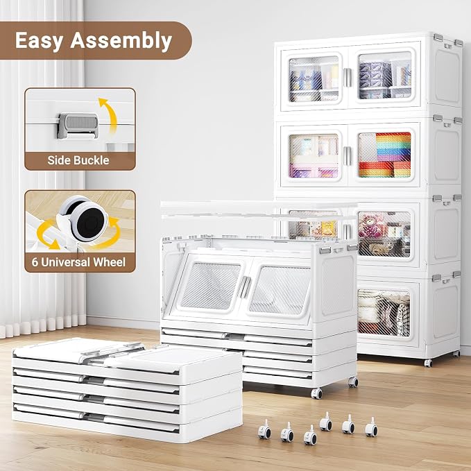 BROVIEW 300 Qt Extra Large Stackable Storage Bin with Lid, 1 Pack White | 75Gal Extra Large, Collapsible Storage Boxes with 1 Lid, Folding& Rolling Plastic Drawer, Heavy-Duty Cabinet Organization - Image 6