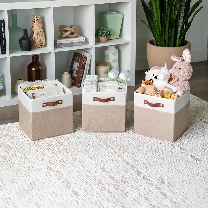 OrganiHaus 11x11 Cube Storage Bins, Set of 4 - Fabric Storage Cubes | Sturdy, holds its shape; odor-free; fits ClosetMaid 11-inch shelves; vegan leather handles - Image 4