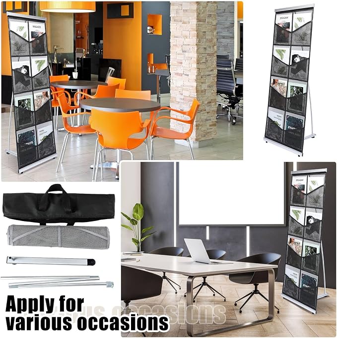 Outus Mesh Literature Brochure Holder with 8 Pocket Portable Magazine Display Roll Up Magazine Rack Lightweight Floor Standing Catalog Office Brochure Display Stand for Business Trade Shows (Black) - Image 4