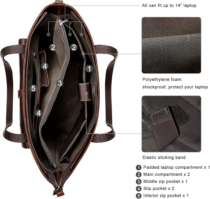 S-ZONE Women Vintage Genuine Leather Tote Bag Large Shoulder Purse Work | 14" Padded Laptop Compartment, Detachable Long Strap, Luggage Strap, Multi Pockets, Travel Everyday - Image 4