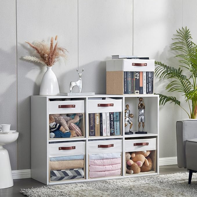 Storage Cubes, 4 Pack Linen Foldable Storage Bins (13 x 13 inch) with Clear Window and Handles, Fabric Organizer for Shelf Closet, Clothes, Books - (Beige and White) - Image 6
